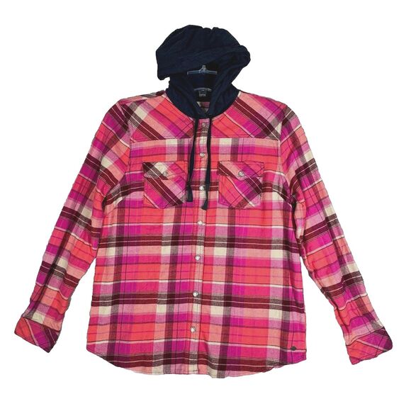 Legendary Whitetails Shirt Women Medium Pink Plaid Shacket Hood Flannel Heritage - Picture 1 of 8